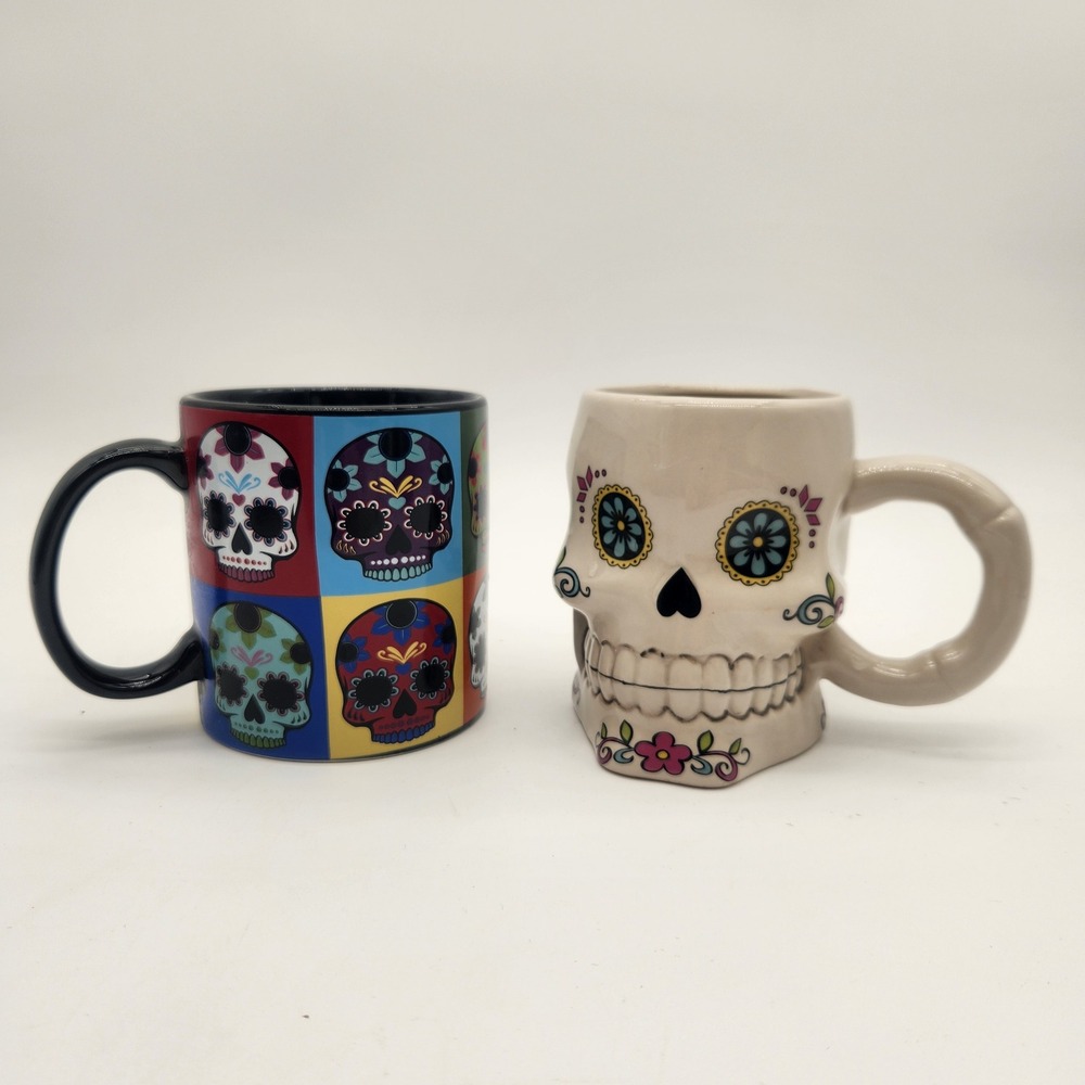 Day Of The Dead Skull Coffee Mugs Set of‎ 2 Ceramic Sugar Skulls Halloween Decor